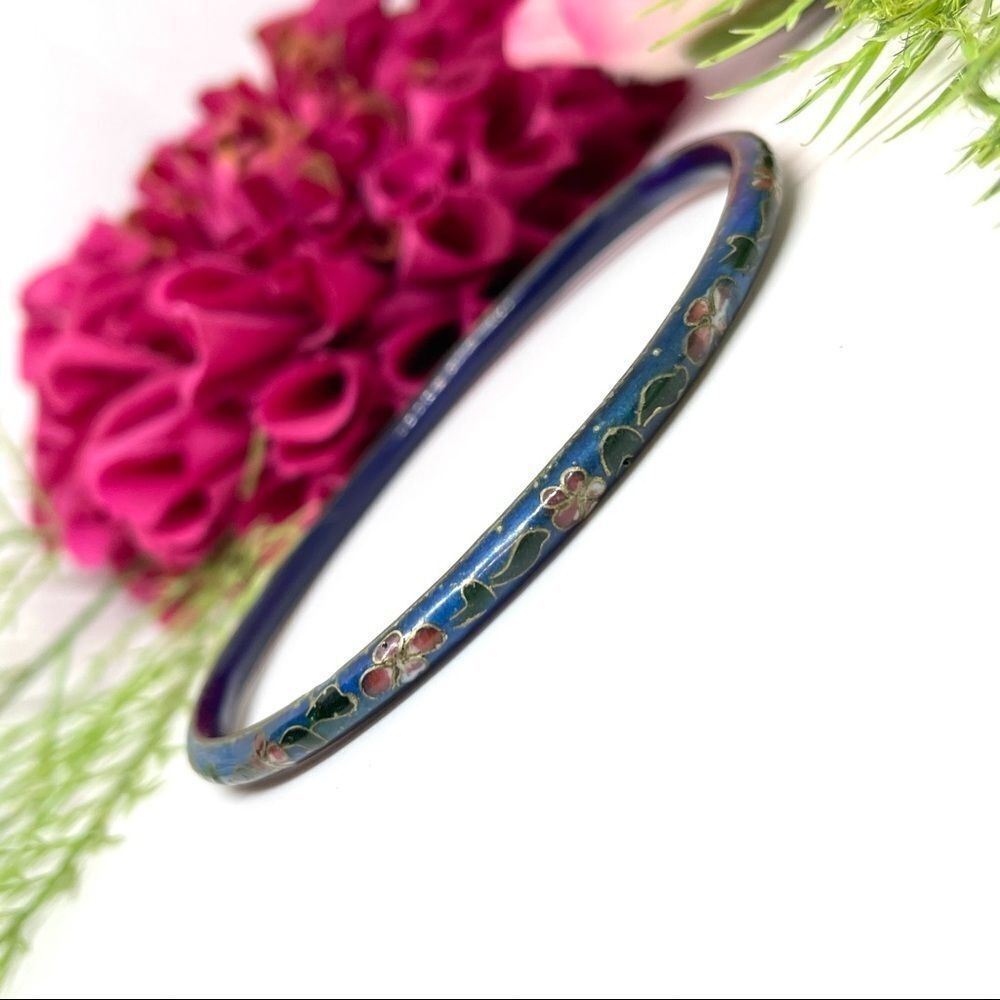 VINTAGE⚜️CLOISONNÉ Enameled Floral Bangle Bracelet - Picture 4 of 6